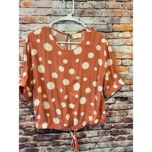 Melloday pink polka dot top blouse elastic front tie cropped women's small